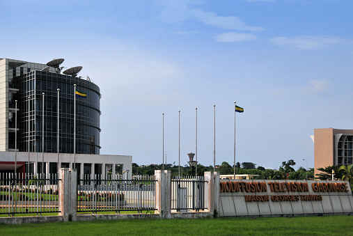 Libreville, Gabon: Gabon Television - state TV building, the headquarters and audio-visual center of the national broadcaster - Maison Georges Rawiri on boulevard Triomphal El Hadj Omar Bongo (RTG, Radiodiffusion-Télévision Gabonaise).