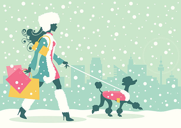 ilustraciones, imágenes clip art, dibujos animados e iconos de stock de mujer con perro de navidad - shopping christmas women retail