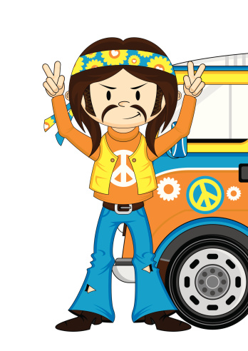 Vector illustration of a cute little Peace Sign Hippie boy and Camper Van.