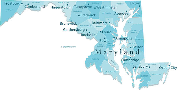 Maryland Vector Map Regions Isolated "Detailed vector map of Maryland with administrative divisions. File was created on December 5, 2012. The colors in the .eps-file are ready for print (CMYK). Included files: EPS (v8) and Hi-Res JPG (5600aa aaa 3121 px)." maryland state colors stock illustrations