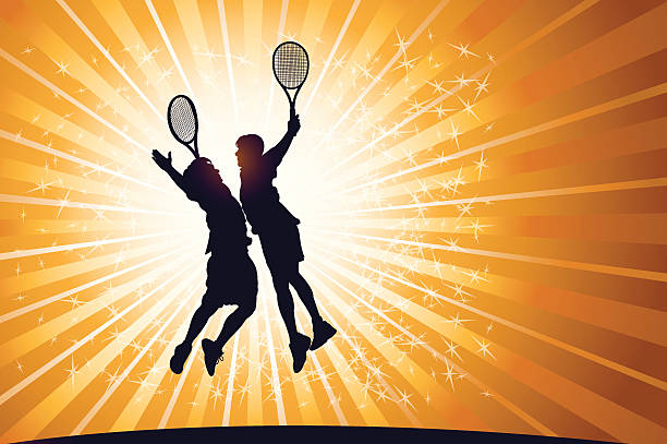 ilustraciones, imágenes clip art, dibujos animados e iconos de stock de equipo de tenis masculino de celebración de victoria - silhouette tennis competitive sport traditional sport