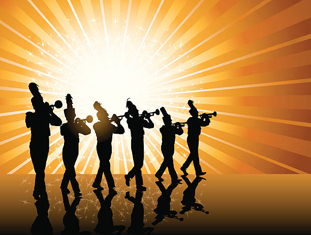 Trumpet Player Background - Marching Band Trumpet Player Background. Tight graphic silhouette background illustration of the trumpet line in a Marching Band. Use with or without the plume. Scale to any size. Check out my "Marching Band Vector" light box for more. pics of a marching band stock illustrations