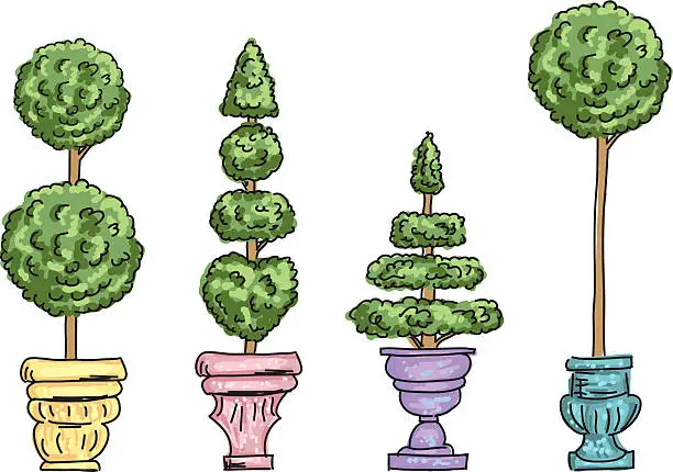 Vector illustration of Cute Cartoon Topiary Trees In Pots