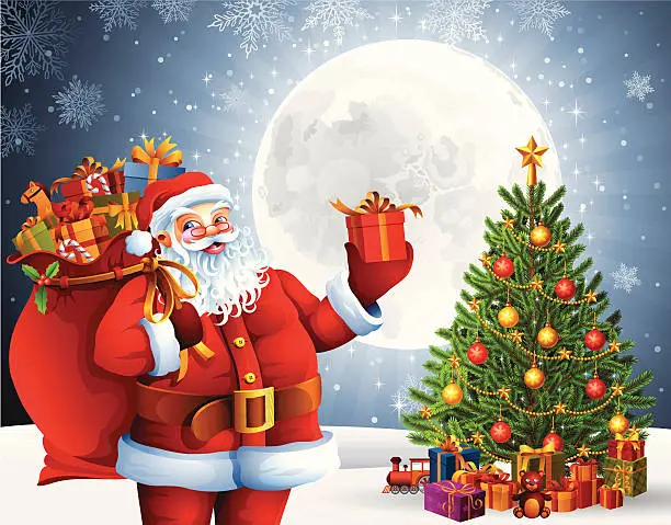 Vector illustration of Santa Claus with Gifts and Christmas Tree