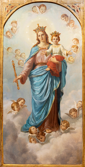 Naples - The painting of Madonna (Mary Help of Christians) in church Chiesa di Sacro Cuore by P. di Domenico.