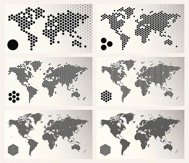 Vector illustration of Dotted world maps in different resolutions