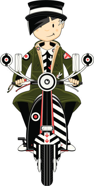 mod девочка в парке на scooter - lapel hairstyle transportation british culture stock illustrations