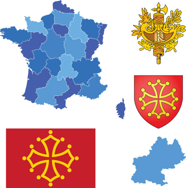 Midi-Pyrenees region set Vector illustration of Midi-Pyreenes region, contains: french flag clip art stock illustrations