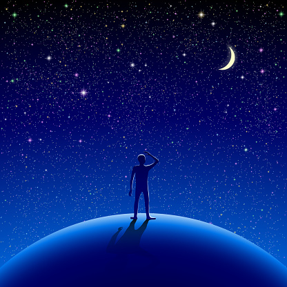 An illustration of a figure looking at the stars at night