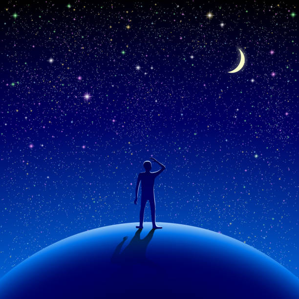 an illustration of a figure looking at the stars at night - night sky 幅插畫檔、美工圖案、卡通及圖標