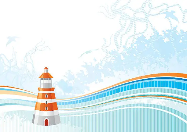 Vector illustration of Sea background with net and seagulls: lighthouse
