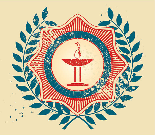 Classic Greek . torch Emblem on red star with laurel weraths. 