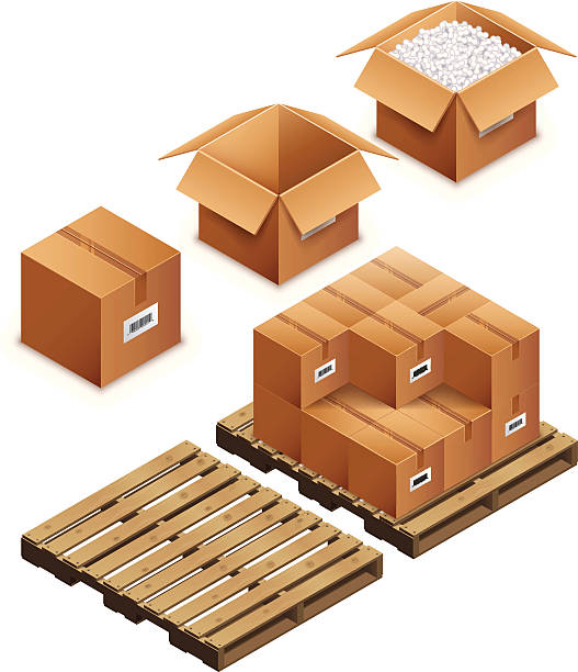 Boxes and pallet Three different cardboard boxes and a pallet in isometric view. Illustration contain transparencies and is saved as Illustrator 10 format. polystyrene box stock illustrations