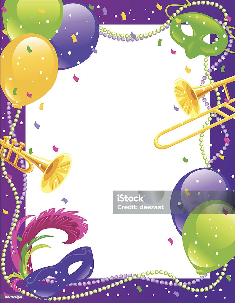 Mardi Gras Party Frame Balloons, masks, trombone, trumpet, beads and confetti in a Mardi Gras or Masquerade party theme. Border - Frame stock vector