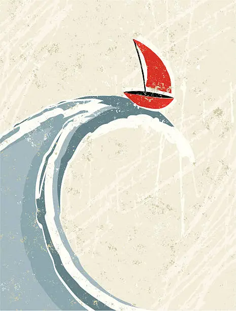 Vector illustration of Big Wave and Little Sail Boat