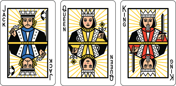 A set of three playing cards showing a Jack, Queen and King. All three are looking forward and could be used to represent any playing card suit.