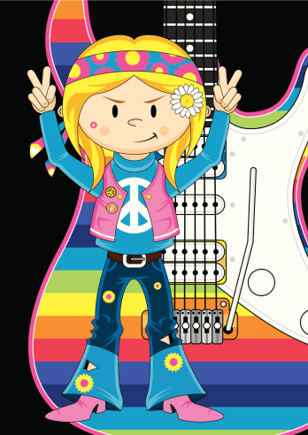 Vector illustration of a cute Peace Sign Hippie Girl with Guitar.