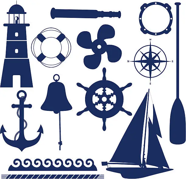 Vector illustration of Set of blue nautical and maritime themed icons