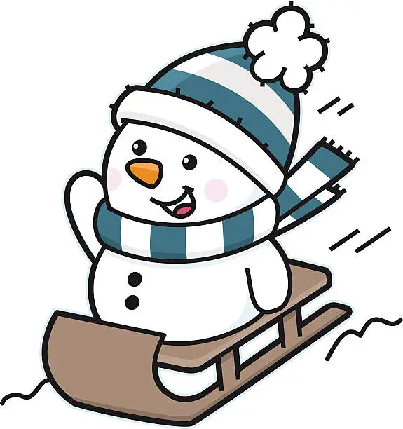 Vector illustration of happy snowman riding on sledge in snow