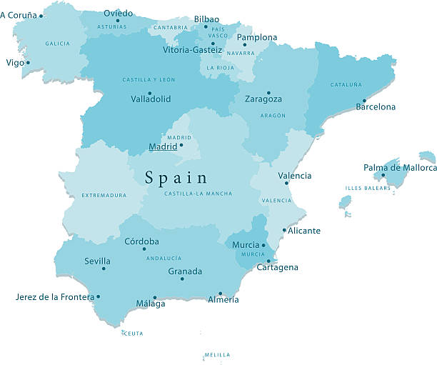 ilustraciones, imágenes clip art, dibujos animados e iconos de stock de españa vector de mapa de las regiones aisladas - barcelona sevilla
