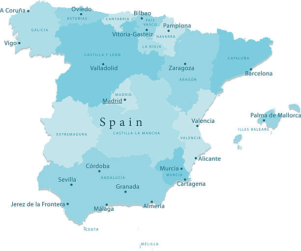 Spain Vector Map Regions Isolated "Detailed vector map of Spain with administrative divisions. File was created on November 26, 2012. The colors in the .eps-file are ready for print (CMYK). Included files: EPS (v8) and Hi-Res JPG (5600aa aaa 4711 px)." balearic islands stock illustrations