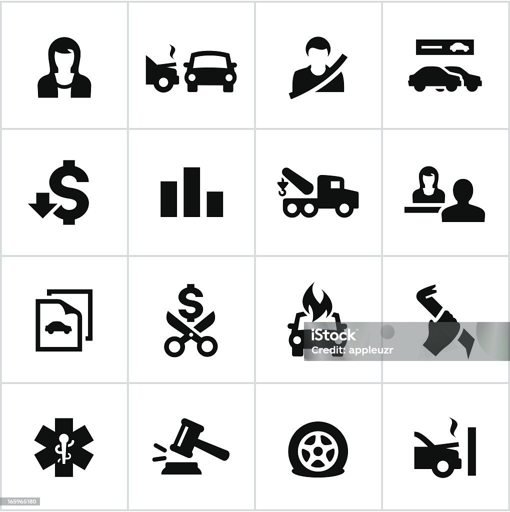 Black Auto Insurance Icons Auto/car insurance related icons. All white strokes/shapes are cut from the icons and merged allowing the background to show through. Crash stock vector
