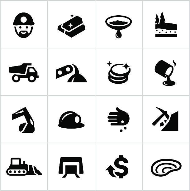 Black Gold Mining Industry Icons Gold mining related icons. All white strokes/shapes are cut from the icons and merged allowing the background to show through. gold mining panning stock illustrations