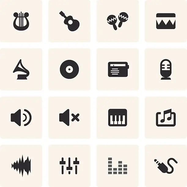 Vector illustration of Black music icons in cream squares arranged in columns