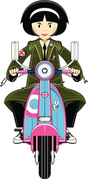 ilustraciones, imágenes clip art, dibujos animados e iconos de stock de tonos mod chica en parka en motoneta - lapel hairstyle transportation british culture