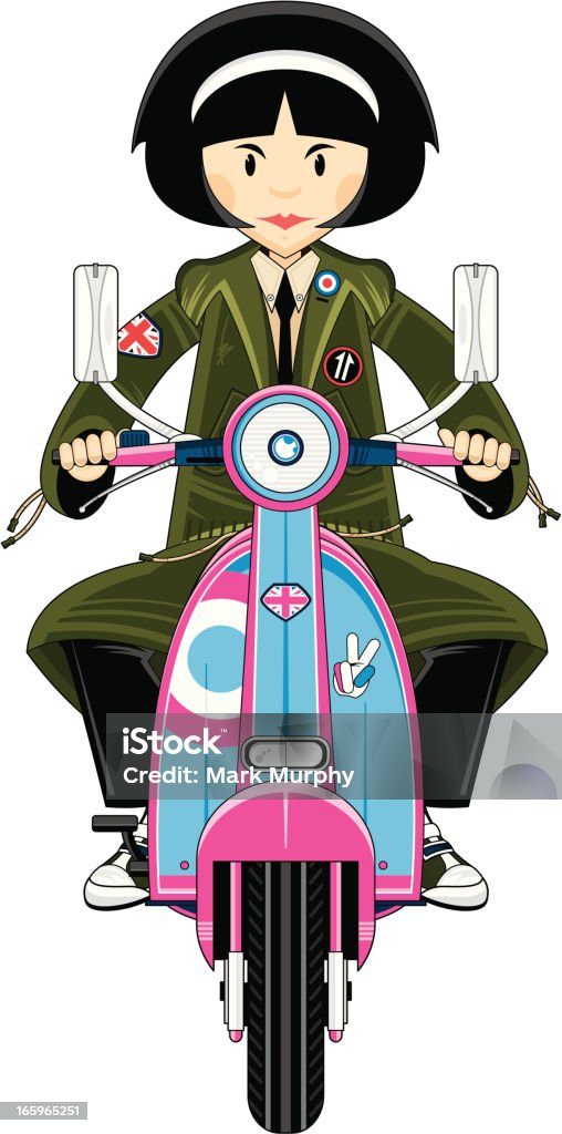 Ragazza in stile Mod Parka su Scooter - arte vettoriale royalty-free di 1960-1969