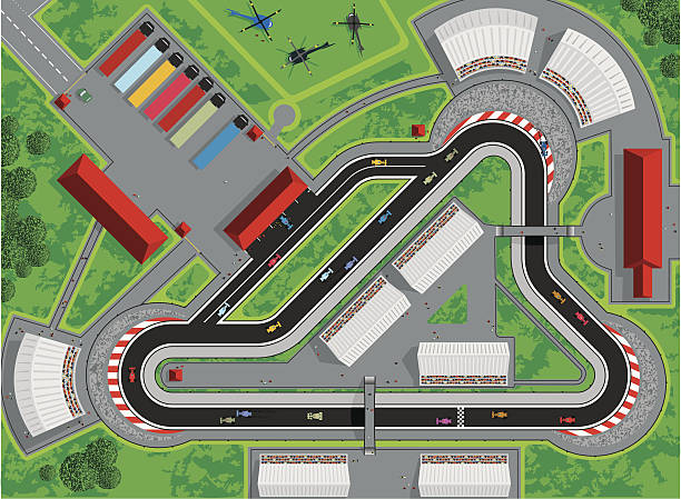 Motor Race Race car track vector illustration with a race in progress. View from above of a race circuit including, race cars, spectators, emergency vehicles, pit lane, pit crews, team semi-trucks and transportation, helicopters, stands and buildings. Aerial view of entire race scene. Fully editable and infinitely scaleable. motor racing track stock illustrations