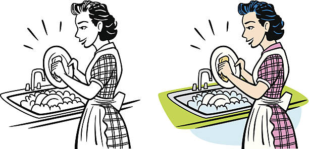 Vintage Housewife Washing Dishes Great illustration of a housewife washing dishes. Perfect for a house work illustration. EPS and JPEG files included. Be sure to view my other illustrations, thanks! retro 1950s kitchen stock illustrations