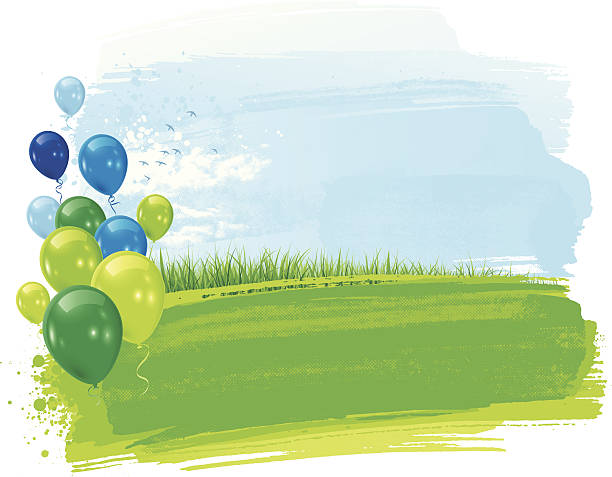 Birthday background Watercolour landscape with green and blue balloons. vector illustration and painting spring grass stock illustrations