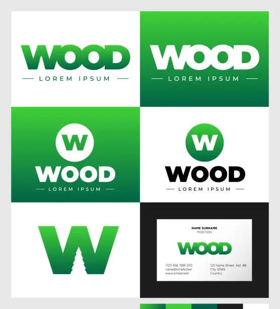 Vector illustration of Green letter W with spruce silhouette. Wood icon. Corporate identity and business card.