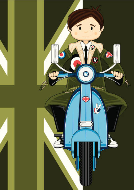 illustrations, cliparts, dessins animés et icônes de cool mod garçon de scooter parka - lapel hairstyle transportation british culture