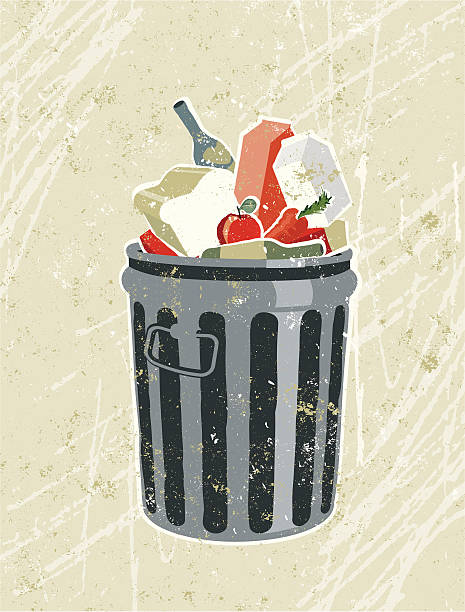 illustrazioni stock, clip art, cartoni animati e icone di tendenza di generi di drogheria e cibo in un bidone della spazzatura - spreco alimentare
