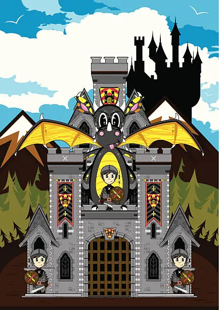 Vector illustration of Medieval Soldiers & Dragon Castle Scene