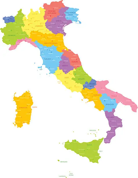 Vector illustration of Italy map with regions and cities