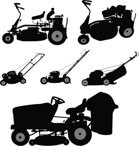 rasenmähern-gartengerät - lawn mower tractor gardening riding mower stock-grafiken, -clipart, -cartoons und -symbole