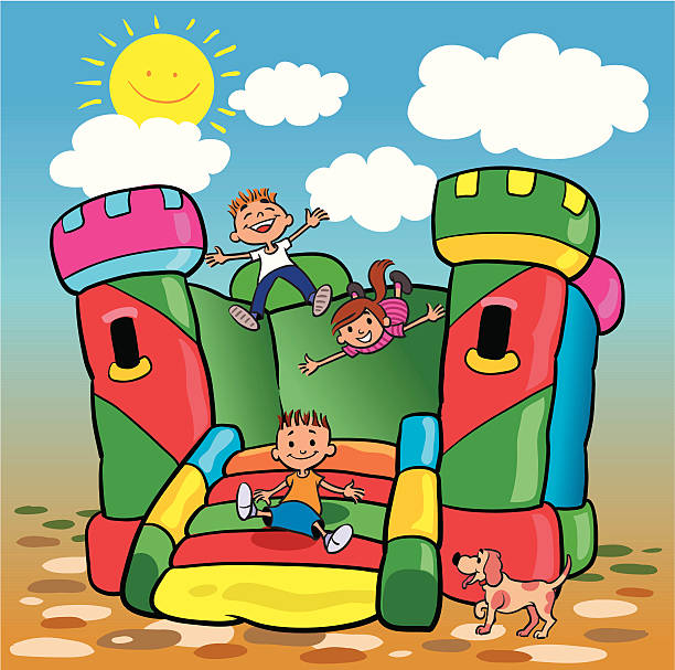 illustrazioni stock, clip art, cartoni animati e icone di tendenza di grande castello gonfiabile - inflatable castle play playground