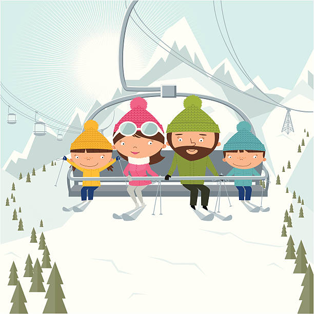 illustrazioni stock, clip art, cartoni animati e icone di tendenza di famiglia sulla seggiovia in ske resort - mountain landscape mountain peak small