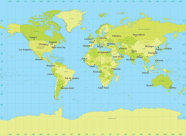 World Map Vector Miller Projection "Highly detailed vector World Map with administrative divisions. File was created on December 17, 2012. The colors in the .eps-file are ready for print (CMYK). Included files: EPS (v8) and Hi-Res JPG (6000aa aaa 4400 px)." latitude stock illustrations