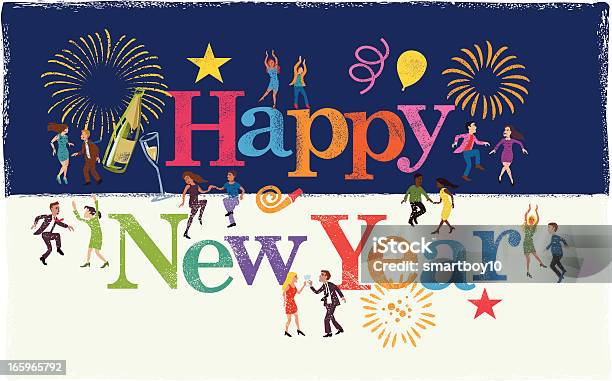 Счастливый Новый Год — стоковая векторная графика и другие изображения на тему Машинописный текст - Машинописный текст, Танцевать, Форма звезды