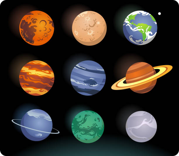 9 planets arranged in a square on a black background Planets of the solar system. jupiter stock illustrations
