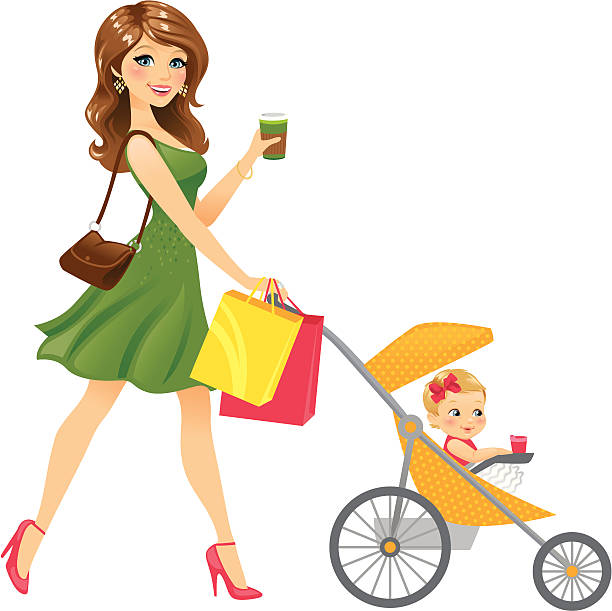 Mom Walking Baby In Stroller vector art illustration