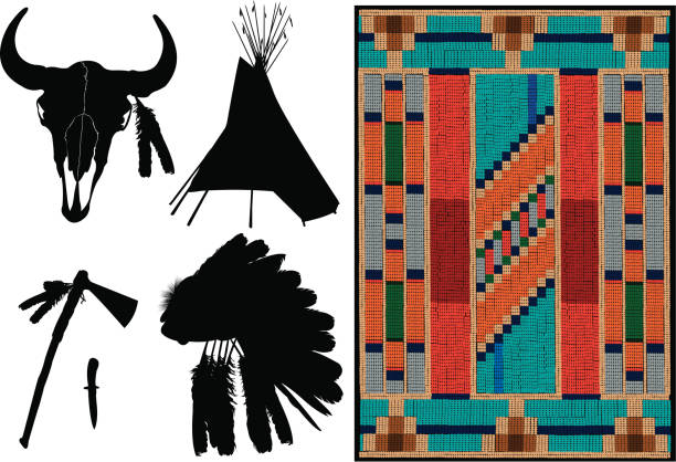 American Indian - Teepee, Headdress, Tomahawk Tight graphic silhouettes of American Indian Teepee, Headdress, Tomahawk. Indian tapestry - beading. Use as a colorful background and reverse out the silhouettes. Check out my "Americana" light box for more. american tribal culture stock illustrations