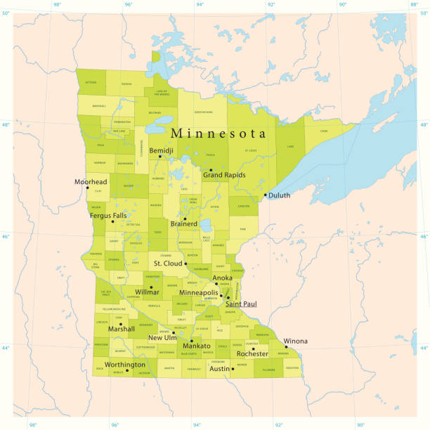 ilustraciones, imágenes clip art, dibujos animados e iconos de stock de vector de mapa de minnesota - minnesota