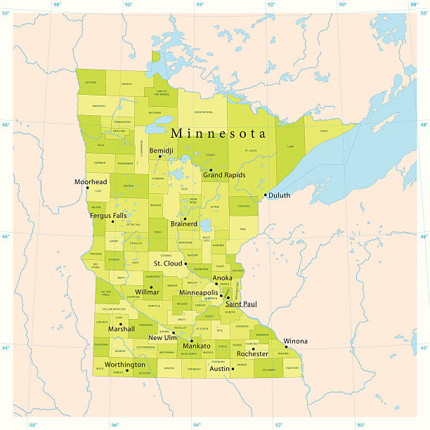 Minnesota Vector Map "Highly detailed vector map of Minnesota, United States. File was created on December 19, 2012. The colors in the .eps-file are ready for print (CMYK). Included files: EPS (v8) and Hi-Res JPG (5600aa aaa 5600 px)." minnesota stock illustrations