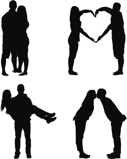 ilustrações, clipart, desenhos animados e ícones de silhueta de um casal romântico - couple full length embracing white background