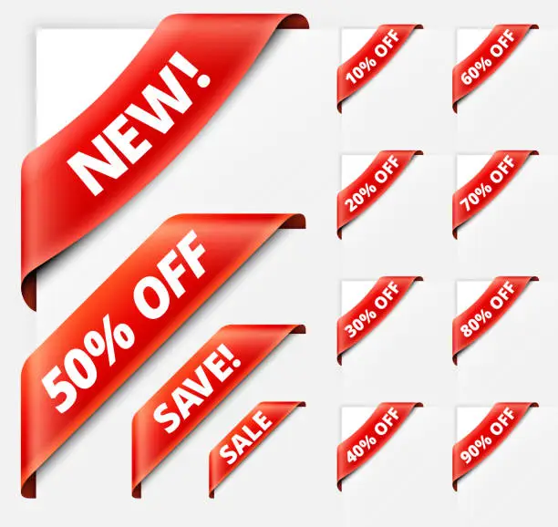 Vector illustration of Sale Discount Sign red vector ribbons set